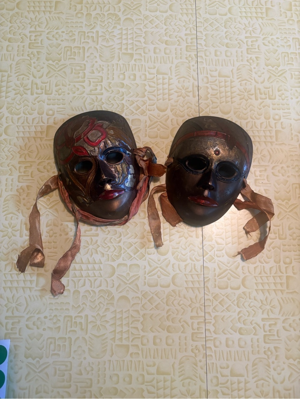 VintageHand-Painted Brass Decorative Wall Masks - Pair